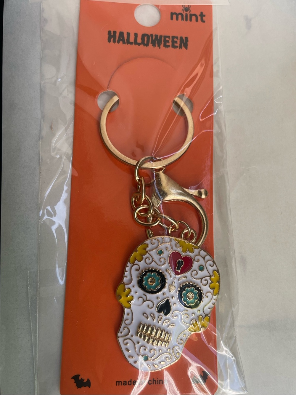 Mint White Enamel Sugar Skull Keychain & Bag Charm with Gold Hardware